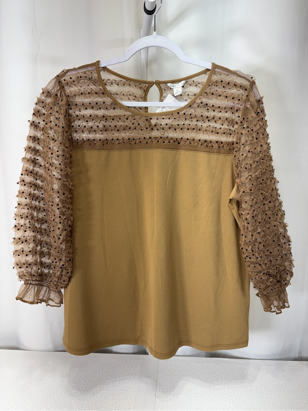 Cato Mustard Tan Dot-Mesh Sleeve Tunic 4296
